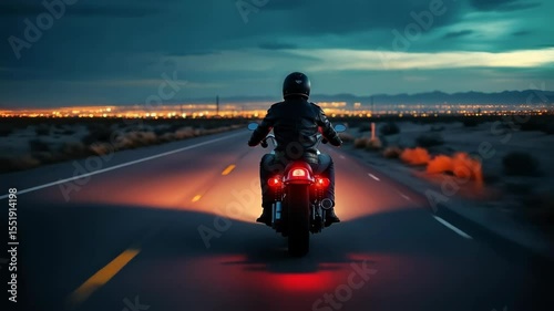 A biker rides a motorcycle down a highway at dusk, heading toward city lights under a dramatic evening sky.