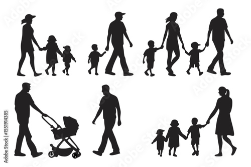 Family Moments in Silhouette: A collection of silhouette figures portraying families, embracing the essence of connection and the tender moments of walking together.