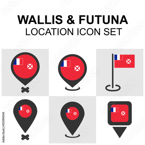 Wallis and Futuna location icon set with map markers and flag elements. Ideal for Oceania maps and travel apps.