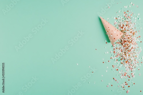 Photo of a party hat and confetti on a pastel green background, top view. Web banner