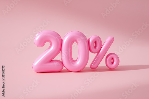 Voluminous pink soft 3d Inscription “20%”. 20% off on a pink background. Sale.