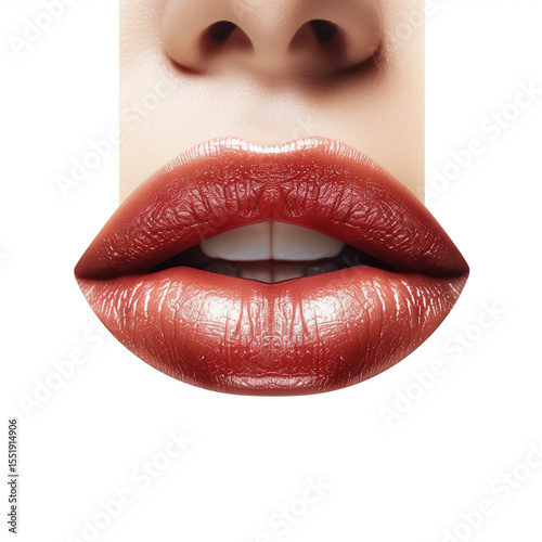 Close up of a face showing red lipstick on lips and a nose against a white background space around it