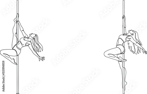 Continuous Line Illustration Two Women Perform Pole Dance Acrobatics on Dance Poles