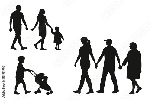 Family Silhouette: A collection of silhouette images depicting families of different generations. Symbolic of kinship, togetherness and intergenerational connection