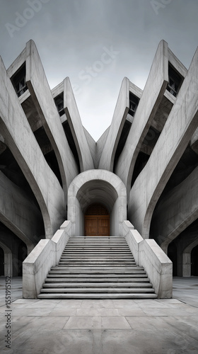 Stairs leading to an arched entrance of a concrete building with unique architectural design