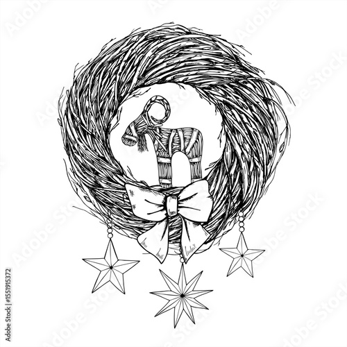 Traditional Scandinavian Yule wreath with birch branches, straw goat centerpiece and decorative stars monochrome vector illustration. For Nordic holiday, Christmas packaging, rustic winter invitation