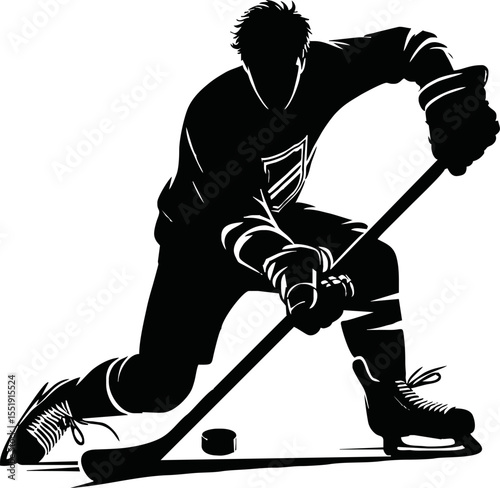 Ice hockey player vector silhouette. Hockey player shoots the puck on goal, isolated silhouette. Shooting hockey player
