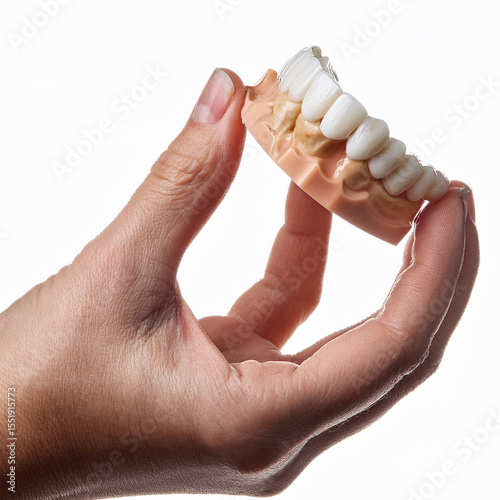 hand holds dental prosthesis, tooth, implant, removable, isolated, white background