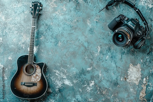 Photo of a microphone and headphones on an empty background,
