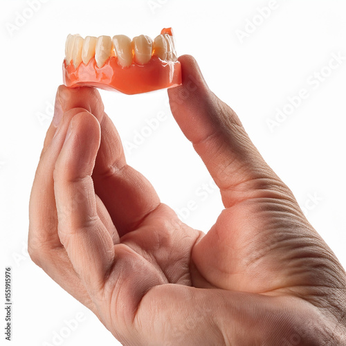 hand holds dental prosthesis, tooth, implant, removable, isolated, white background