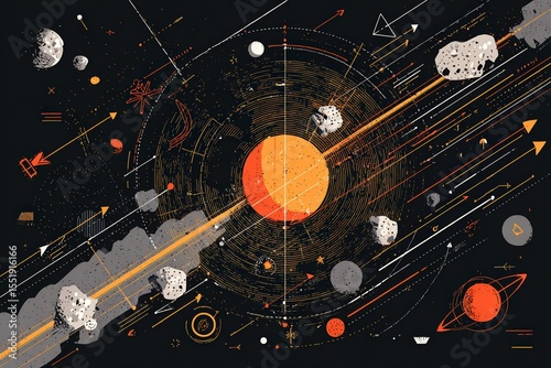 A colorful space infographic illustrates asteroid orbits and solar system dynamics with bold lines, arrows, and stylized planetary elements