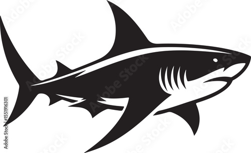 Shark Fish Black Silhouette Vector, Ocean Predator Clipart & Marine Wildlife Design