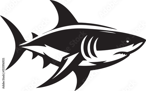Shark Fish Black Silhouette Vector, Ocean Predator Clipart & Marine Wildlife Design
