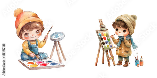 cute kid artist watercolor vector illustration