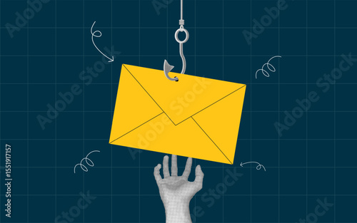 halftone collage, scam envelope email with hook, and hand gestures wanting to grab it. phishing hacking email