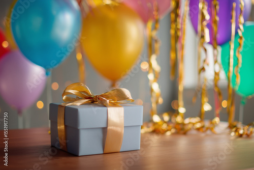 Gift box with balloons in the room. Birthday gift. Party, birthday celebration. Surprise.