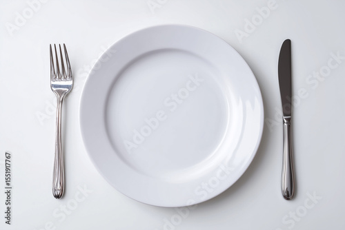 An empty plate on the table. Concept: diet, food restriction.
