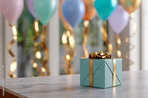 Gift box with balloons in the room. Birthday gift. Party, birthday celebration. Surprise.