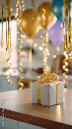 Gift box with balloons in the room. Birthday gift. Party, birthday celebration. Surprise.