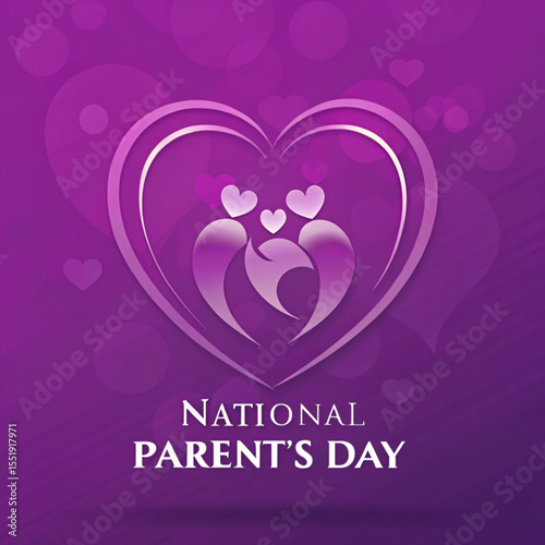 National Parents Day concept with abstract parent silhouettes in heart shape on purple background. Vector illustration.
