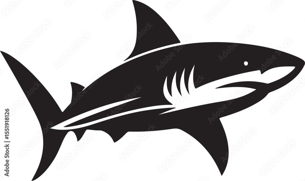 Fototapeta premium Shark Fish Black Silhouette Vector, Ocean Predator Clipart & Marine Wildlife Design