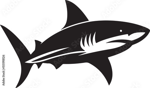 Shark Fish Black Silhouette Vector, Ocean Predator Clipart & Marine Wildlife Design