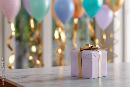 Gift box with balloons in the room. Birthday gift. Party, birthday celebration. Surprise.