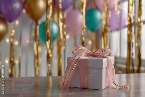 Gift box with balloons in the room. Birthday gift. Party, birthday celebration. Surprise.