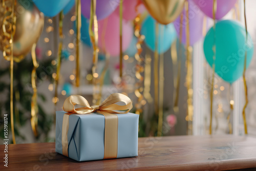 Gift box with balloons in the room. Birthday gift. Party, birthday celebration. Surprise.