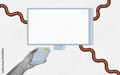 halftone collage, tv with blank screen, hand holding remote watching the news