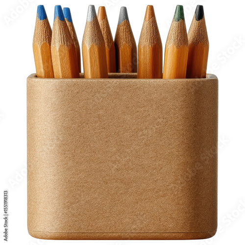 Colored pencil set in cardboard holder for workspace organization with blue, silver, gray, green, and black tips