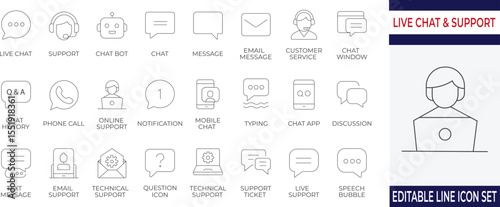Essential line icons for live chat, chatbot, and support services. Ideal for websites, customer service apps, and tech support platforms.