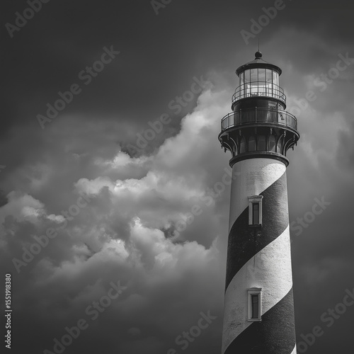 Lighthouse of Hope: A stately lighthouse stands tall, its iconic black and white stripes contrasting dramatically against a moody, stormy sky, a beacon of guidance and resilience.