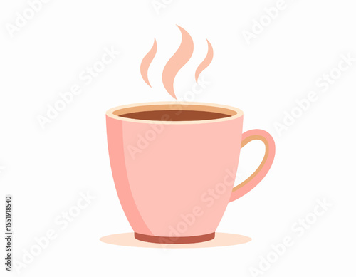 Pink Coffee Cup with Steaming Hot Beverage in Simple Pixel Art Style on White Background