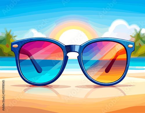 Pixel Art Blue Sunglasses Reflecting Beach Scene with Sun Sky and Palm Trees on Sandy Shore Holiday Backdrop