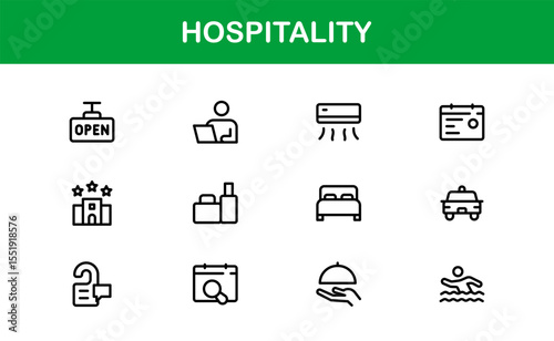 Professional Hospitality Icon Collection with Line Art Symbols for Hotels, Travel, Food Service, Customer Experience, and Tourism