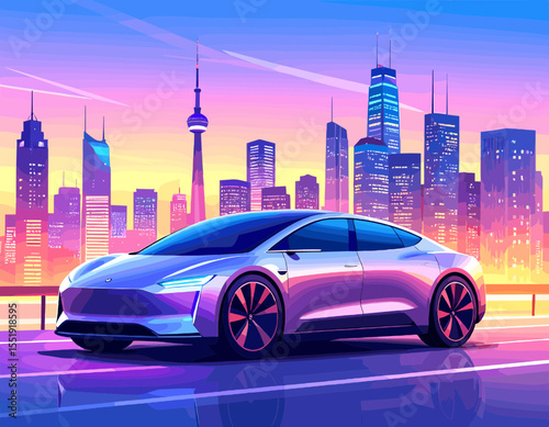 Pixel Art Car Against Toronto Skyline at Sunset in Vivid Purple and Yellow