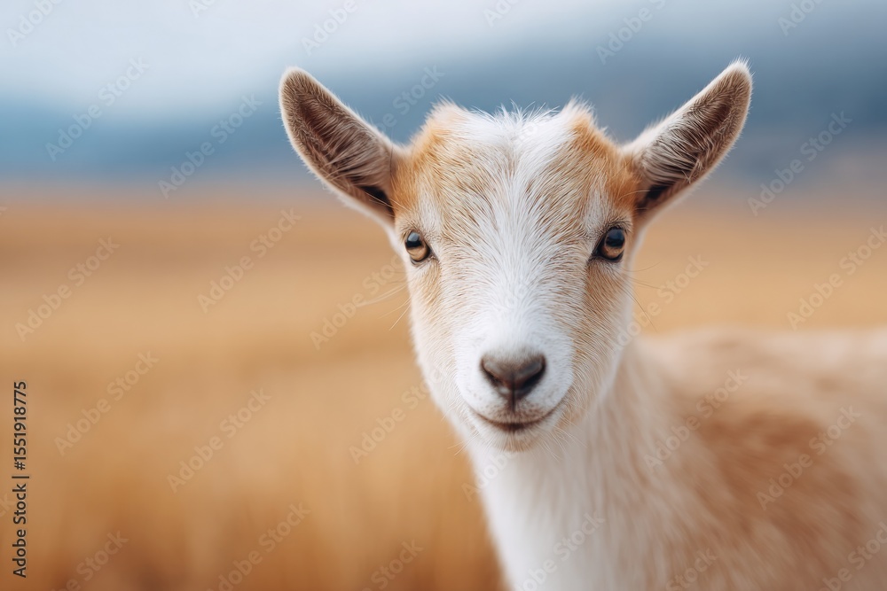 Obraz premium goat looking directly at camera with open field behind