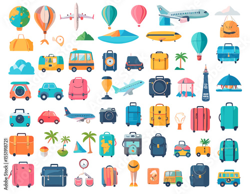 Pixel Art Collection of Travel Items including Airplanes Vehicles and Suitcases in Bright Color Palette on White Background
