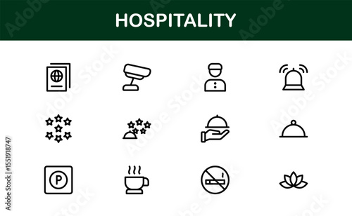 Professional Hospitality Icon Collection with Line Art Symbols for Hotels, Travel, Food Service, Customer Experience, and Tourism