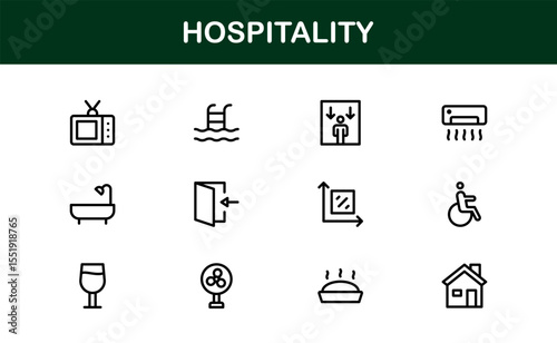 Professional Hospitality Icon Collection with Line Art Symbols for Hotels, Travel, Food Service, Customer Experience, and Tourism
