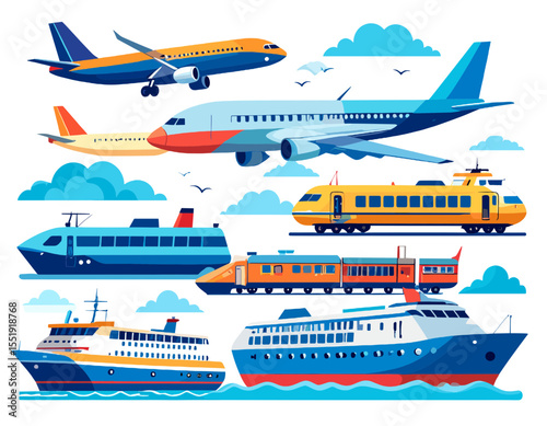 Pixel Art Depicting Various Modes of Transportation Including Airplanes Trains and Ships Against a White Backdrop with Blue Sky