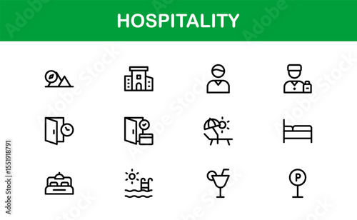 Professional Hospitality Icon Collection with Line Art Symbols for Hotels, Travel, Food Service, Customer Experience, and Tourism