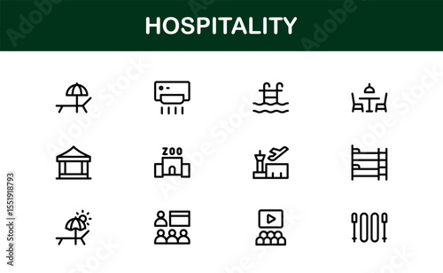 Professional Hospitality Icon Collection with Line Art Symbols for Hotels, Travel, Food Service, Customer Experience, and Tourism