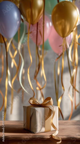 Gift box with balloons in the room. Birthday gift. Party, birthday celebration. Surprise.
