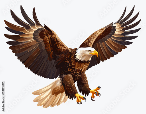 Pixel Art Illustration of a Brown and White Bald Eagle in Flight on Isolated White Background