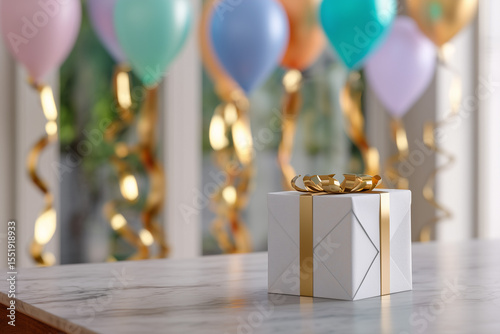 Gift box with balloons in the room. Birthday gift. Party, birthday celebration. Surprise.