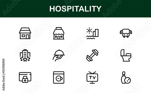 Professional Hospitality Icon Collection with Line Art Symbols for Hotels, Travel, Food Service, Customer Experience, and Tourism