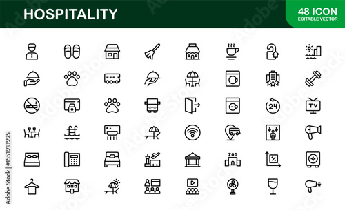 Professional Hospitality Icon Collection with Line Art Symbols for Hotels, Travel, Food Service, Customer Experience, and Tourism