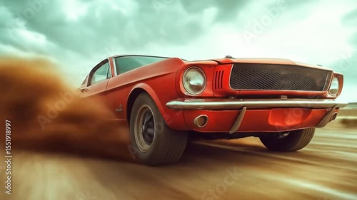 Action-packed shot of a vintage red muscle car drifting through a dusty road with dynamic motion and speed. Ideal for automotive, racing, or retro action themes